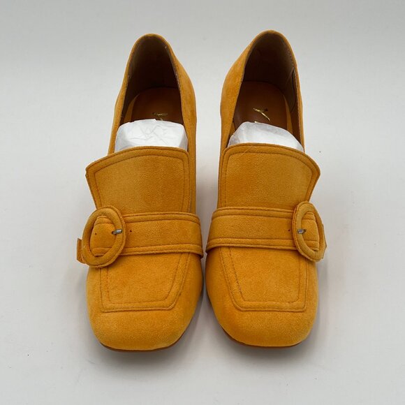 YDN Yellow Chunky High Heels Square Toe Loafer Shoes Slip On Suede Office Pumps - Picture 3 of 6